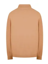 Sweater color beige de cuello alto con medio cierre, confeccionado en hilado italiano que combina lana extrafina y cashmere.