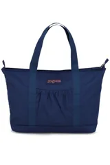 Bolso tipo tote de tela color azul marino con cierre superior y bolsillo frontal con fuelle. Tiene doble asa de mano y logo de la marca en el frente.