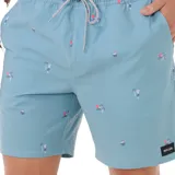 Short de baño celeste con estampado de palmeras y cocos.