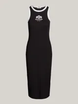 Vestido midi negro de punto acanalado, con cuello redondo y sisas con ribete blanco en contraste. Presenta un logo estampado en el pecho.