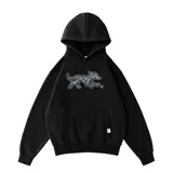 Hoodie negro oversize de felpa de algodón con estampa plastisol de un perro.