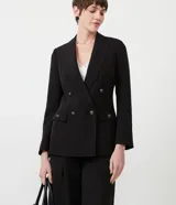 Blazer negro de poliéster con frente cruzado, manga larga, abotonado y bolsillos.