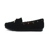 Mocasín azul de gamuza con perforaciones y moño decorativo.