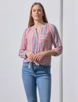 Blusa de manga larga con rayas verticales multicolores, cuello mao, bolsillo en el pecho y nudo en la parte delantera.