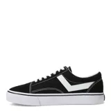 Championes unisex de lona, color negro, con detalles de costura y logo lateral en forma de 'V' en color blanco. Suela de goma blanca gruesa.