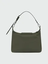 Bolso de hombro Longchamp modelo Le Pliage Xtra de tamaño mediano, color verde oscuro liso. Presenta un diseño estructurado con solapa frontal y cierre a presión.