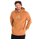 Buzo canguro color marrón claro con capucha ajustable y cordones. Tiene el logo de CAT bordado en el pecho y un bolsillo tipo canguro en la parte delantera.