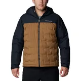 Campera Columbia Grand Trek III para hombre, color marrón y azul marino, con capucha ajustable y cierre frontal. Cuenta con tecnología termorreflectante Omni-Heat Infinity, costuras selladas Omni-Tech, aislamiento de plumón de 650 fill power y bolsillos con cremallera.
