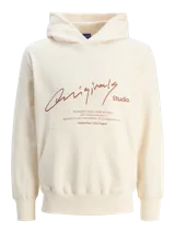 Canguro color crema con capucha, mangas largas y puños acanalados. Estampado frontal con texto "Originals Studio" en color marrón.