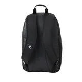 Mochila Rip Curl Ozone Cool 30L Raw Energy negra con estampado geométrico en azul y verde. Incluye compartimento principal con cierre, bolsillo frontal con cierre y bolsillos laterales de malla.