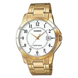 Reloj Casio para hombre, modelo MTPV004G-7BUDF, con caja y correa de acero inoxidable color dorado, esfera blanca con números arábigos y agujas doradas, e indicador de fecha. Resistente al agua.