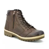 Bota acordonada de cuero color marrón con cierre lateral, suela dentada y detalles de costuras.