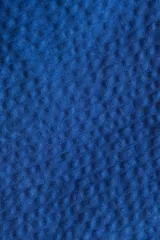 Chaqueta azul con textura seersucker, cuello con solapa, cierre con botones, bolsillo en el pecho y dos bolsillos de parche redondeados.