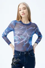 Body de microtul con estampado abstracto de flores, de corte ajustado y broches a presión en la entrepierna.