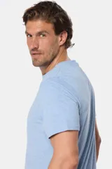 Remera celeste de manga corta con cuello redondo y bordado pequeño en el pecho. Corte clásico.