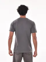 Remera celeste de corte recto y mangas cortas, con estampado pequeño en el pecho.