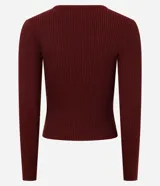 Cardigan de punto acanalado color bordó de la marca Blue Steel, con cuello redondo y cierre frontal de cremallera doble. Posee un calce ajustado, largo corto y mangas largas.