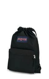 Mochila tipo bolso JanSport Draw Sack color bordó, con logo estampado en el frente y bolsillo frontal con cierre. Se cierra ajustando las cuerdas superiores. Ideal para uso casual.
