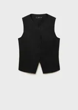 Chaleco negro con cierre de botones en la parte delantera, cuello redondo, sin mangas y forro interior.