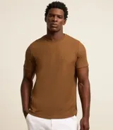 Remera masculina color marrón, modelo regular, de manga corta y cuello redondo. Confeccionada en tejido de poliéster y algodón con textura colmena.
