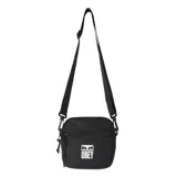 Bolso bandolera negro de la marca Obey, con correa ajustable, cierre de cremallera y logo estampado en blanco.