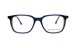 Armazón para lentes de receta Nazareno Corsini, modelo rectangular con frente de acetato azul y patillas negras con detalle degradado en amarillo.