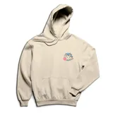 Canguro color crema con capucha, bolsillo delantero y puños y cintura acanalados. Estampado en el pecho de un dinosaurio sobre una patineta dentro de un círculo celeste.