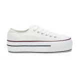 Zapatillas acordonadas blancas de tela con plataforma y detalles en burdeos y negro.