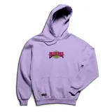 Canguro lila con capucha, bolsillo frontal y puños y cintura acanalados. Estampado frontal con el logo de la marca "Emexem" en rosa y amarillo.