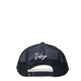 Gorro de gabardina azul marino con paneles traseros de malla y logo bordado en blanco en el frente.