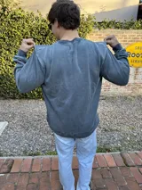 Buzo azul con efecto lavado, cuello redondo y logo bordado en el pecho.