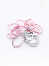 Pack de 15 gomitas de pelo elásticas, forradas en tela de colores rosa y plateado.