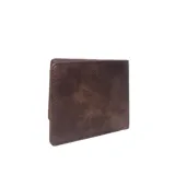 Billetera de cuero marrón con doble compartimento y logo de la marca Rusty grabado en la parte inferior.