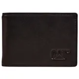 Billetera Caterpillar de cuero vegano color marrón oscuro, con doble pliegue, pinza para billetes y capacidad para 4 tarjetas de crédito.