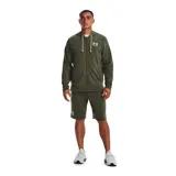 Campera Under Armour Rival Terry, color gris jaspeado, con cierre frontal completo, capucha con cordones ajustables y logo estampado en el pecho.