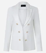 Blazer negro de punto roma con cuello solapa, cierre con ganchos, botones delanteros y forro de poliéster.