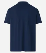 Remera de hombre azul marino, corte comfort, de media malla de algodón sostenible, con cuello redondo y mangas cortas. Estampa frontal con dibujo de un faro y lettering "light house".