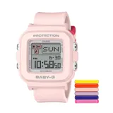 Reloj digital Casio Baby-G color rosa con correa de resina, pantalla LCD y múltiples funciones como cronómetro, alarma y calendario.