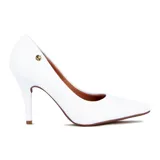 Zapato de mujer de punta fina y taco alto color blanco, ideal para ocasiones elegantes.