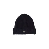 Gorro de lana Lacoste color azul marino, tejido de punto acanalado con vuelta y logo de la marca bordado en el frente.