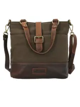 Bandolera de canvas encerado y cuero color verde oliva con correa ajustable y removible.