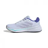 Zapatillas de running para mujer, color blanco, con detalles en violeta y diseño ligero.