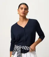 Cardigan blanco de viscosa con cuello en V, cierre frontal de botones y mangas largas.