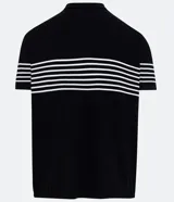 Polo de hombre slim fit, confeccionada en viscosa y poliamida, color negro con rayas horizontales blancas, cuello tradicional con botones y mangas cortas.