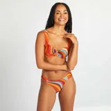 Braguita de bikini brasileña con estampado psicodélico en tonos naranja, amarillo, azul y marrón.
