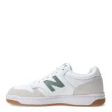 Championes New Balance 480 Court de cuero blanco con detalles en gris y verde.