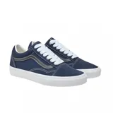 Zapatillas Vans Old Skool azul marino con la clásica sidestripe en cuero gris.