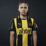 Camiseta de fútbol Puma del Club Atlético Peñarol, modelo Home 2025. Diseño a bastones verticales amarillos y negros con cuello tipo polo negro. Incluye logo de Puma, escudo del club y sponsor Antel en el frente.