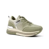 Championes urbanos color beige con detalles dorados, cordones y plataforma.