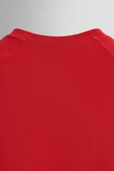 Camiseta deportiva roja de cuello redondo y manga corta, confeccionada en tejido ligero y elástico. Presenta acabados sin costuras y logo estampado.